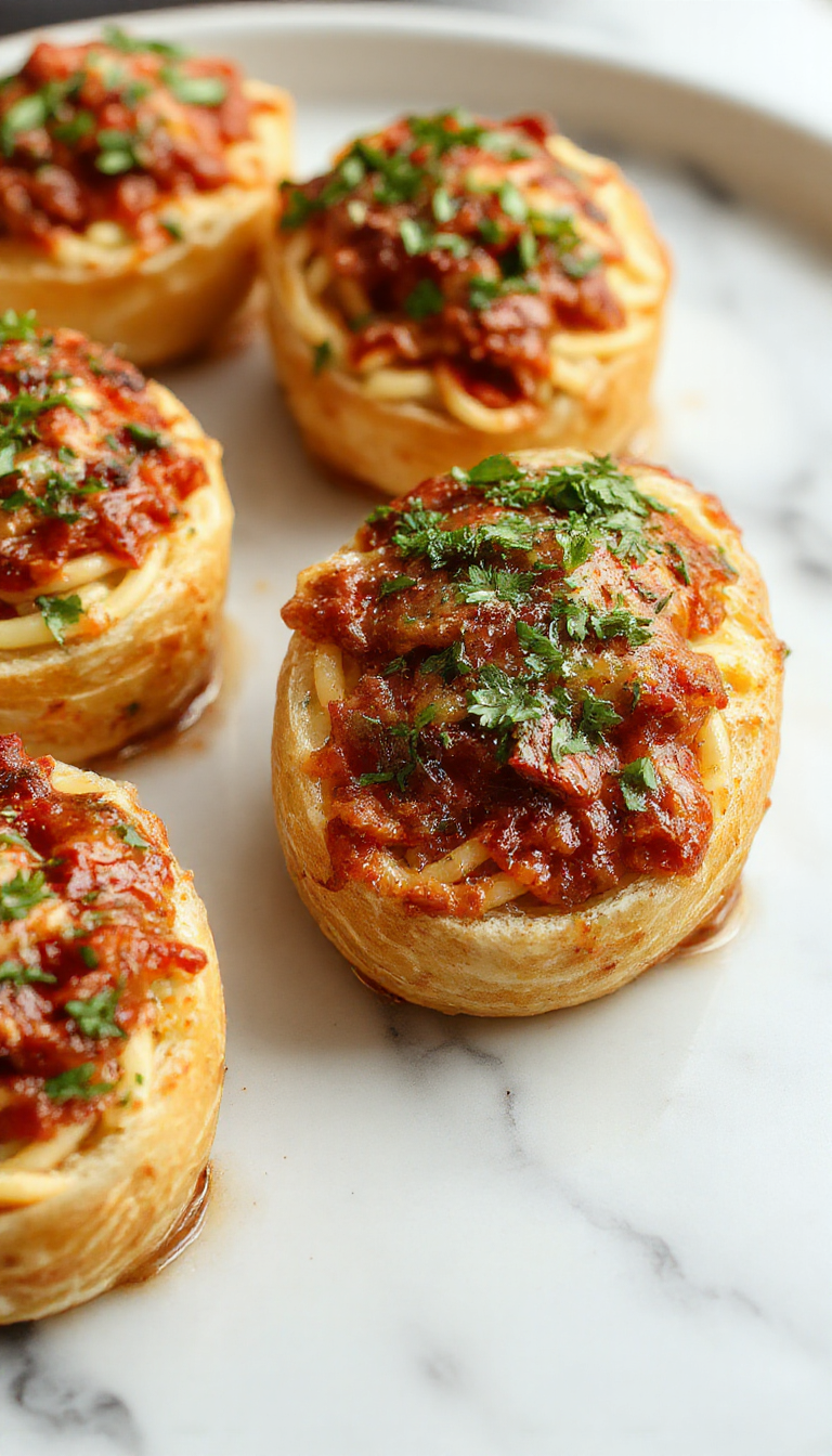 Golden garlic bread boats filled with savory spaghetti, topped with melted cheese and fresh herbs, ready to serve as a delicious dinner.