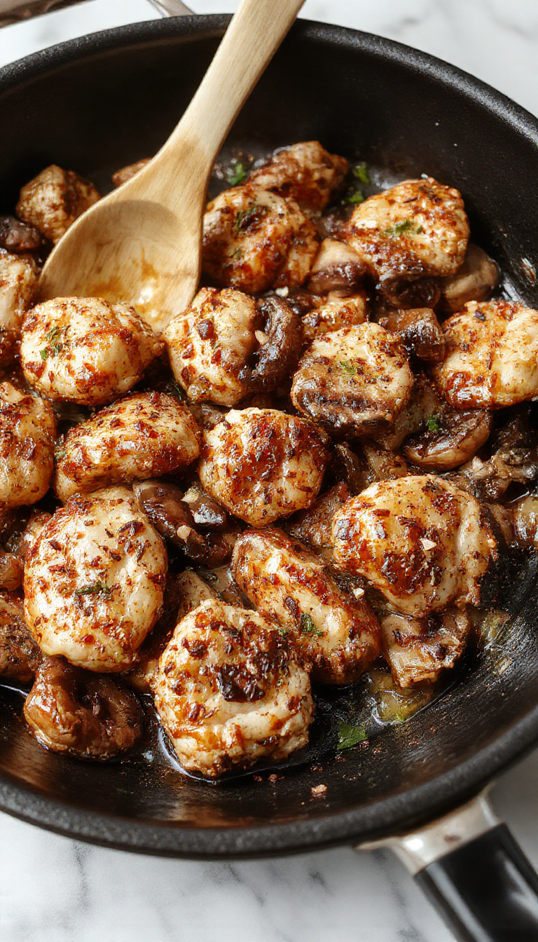 A sizzling skillet filled with tender black pepper chicken and savory mushrooms, garnished with fresh herbs and served hot.