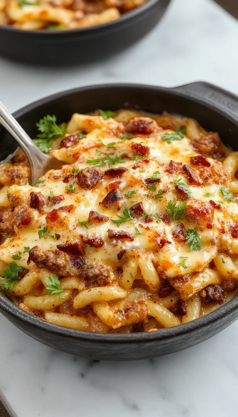 A close-up of a skillet filled with golden orzo pasta topped with melted cheese, diced tomatoes, lettuce, and seasoned ground beef, garnished with herbs.