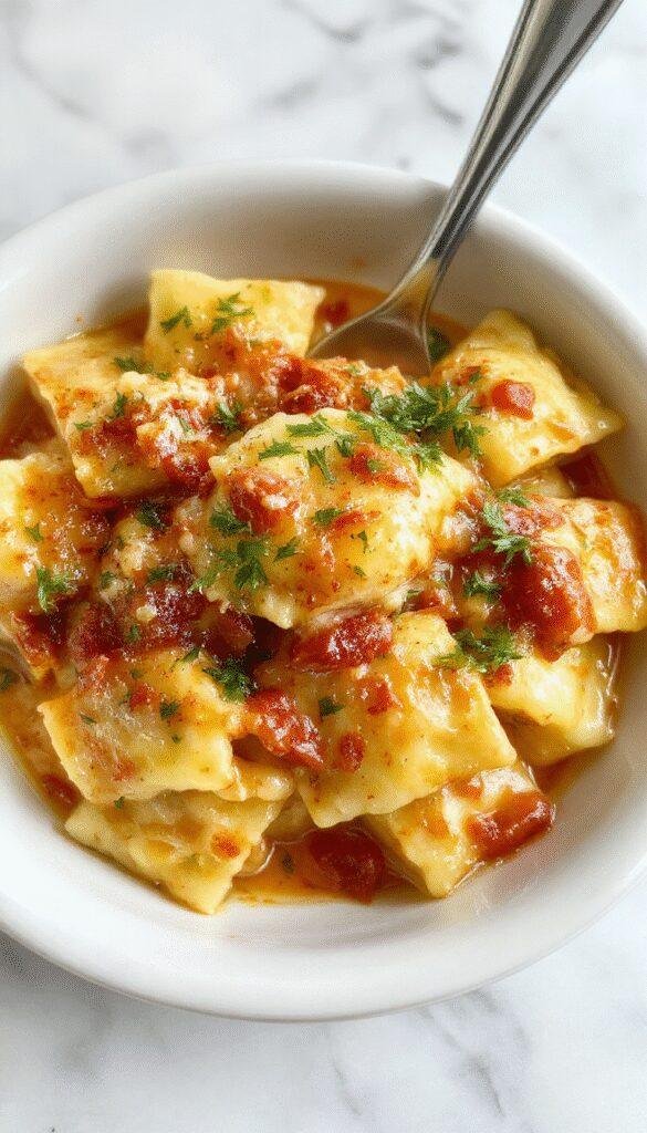 A bubbling slow cooker filled with cheesy ravioli bake topped with melted cheese and fresh herbs, ready to serve as comforting meal.