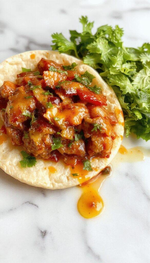 Colorful plate of slow cooker fajitas with sizzling peppers, onions, and seasoned meat wrapped in warm tortillas, garnished with fresh cilantro.