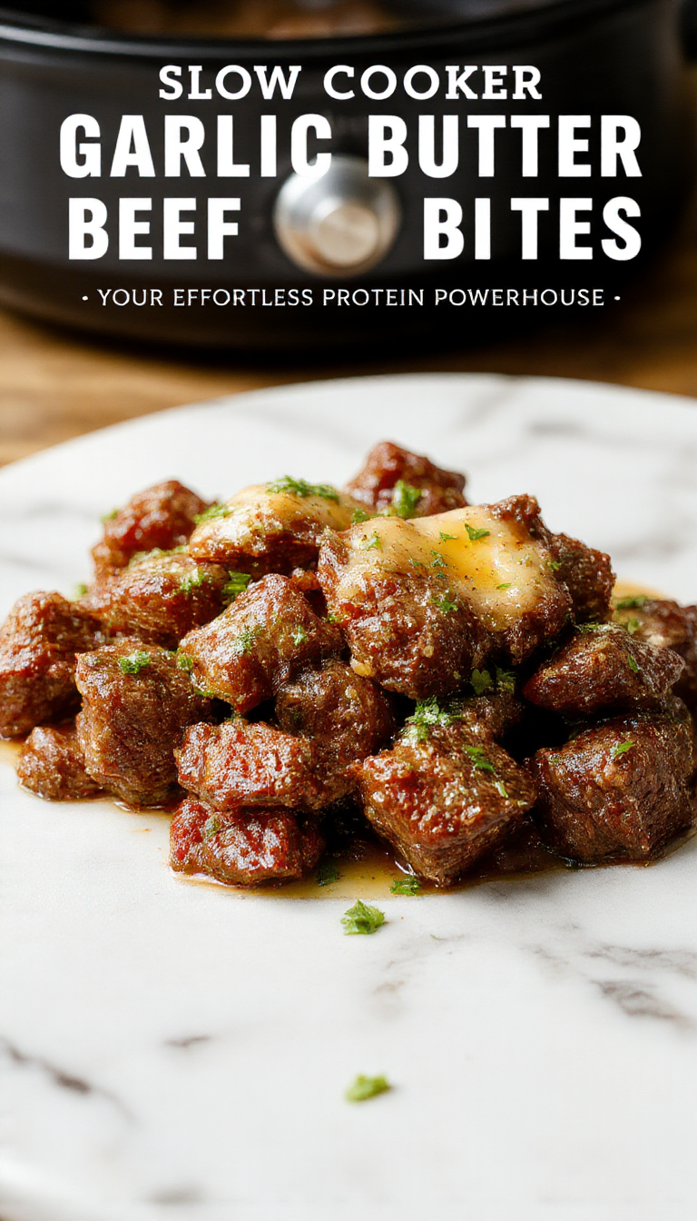 Juicy garlic butter beef bites served in a slow cooker with fresh herbs and crispy edges.