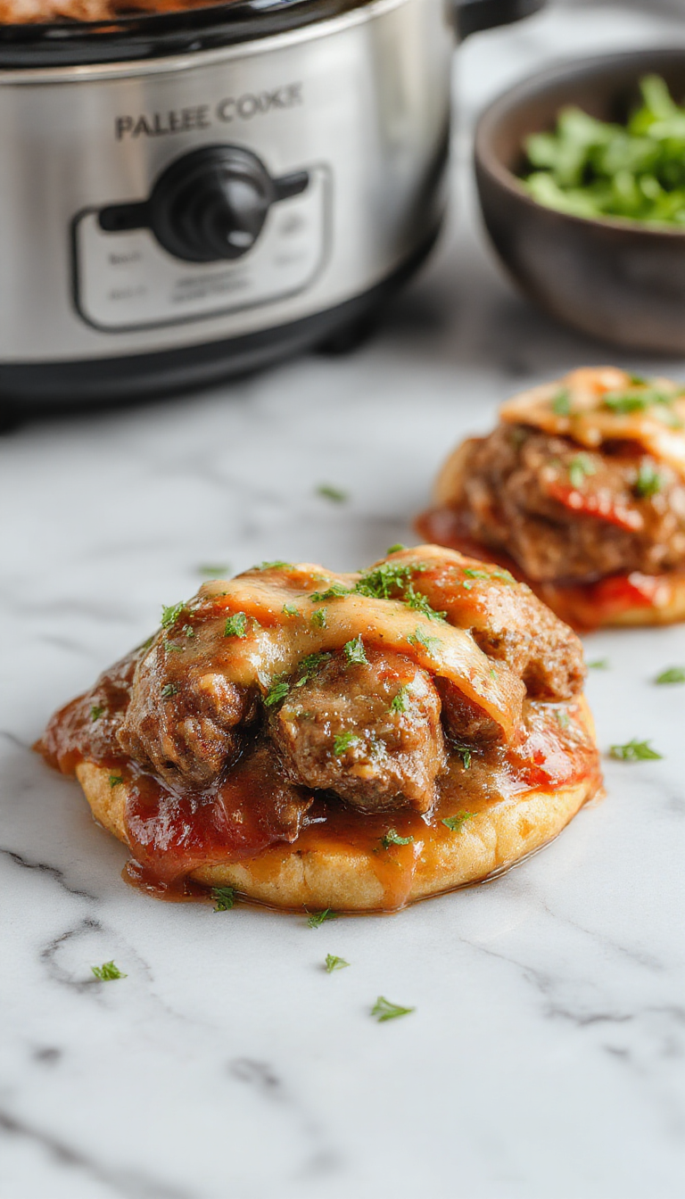 A comforting plate of Slow Cooker Salisbury Steak Meatballs garnished with fresh parsley, served with mashed potatoes and steamed vegetables.