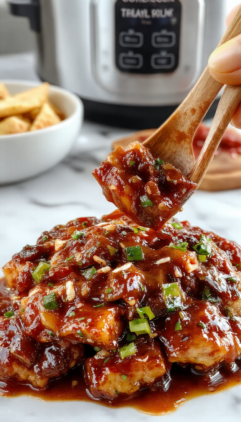 A slow cooker filled with tender, glazed teriyaki chicken garnished with green onions and sesame seeds, steaming and ready to serve.