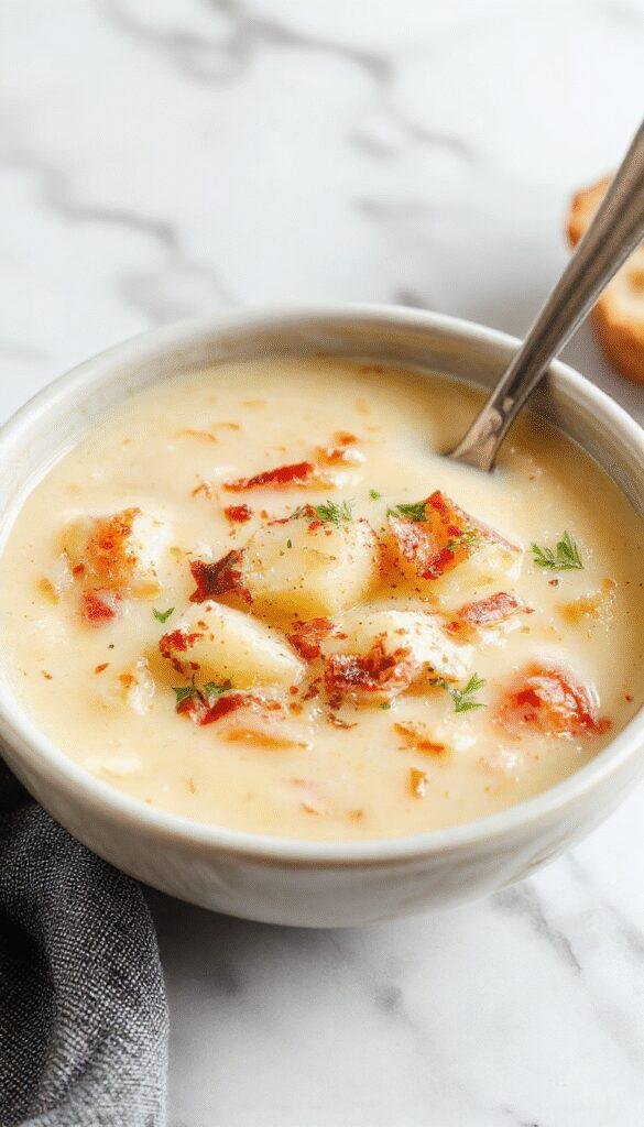 A steaming bowl of creamy potato and cheese soup garnished with fresh herbs, served alongside crusty bread on a rustic wooden table.