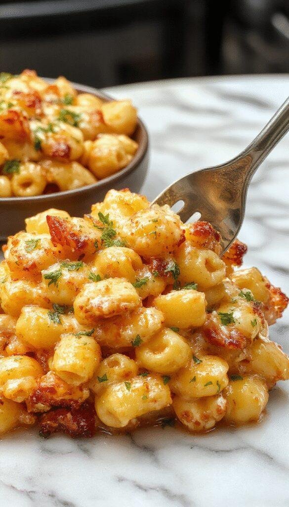 A creamy bowl of Smoky Tangy Chicken Mac and Cheese topped with crispy breadcrumbs and garnished with fresh herbs.