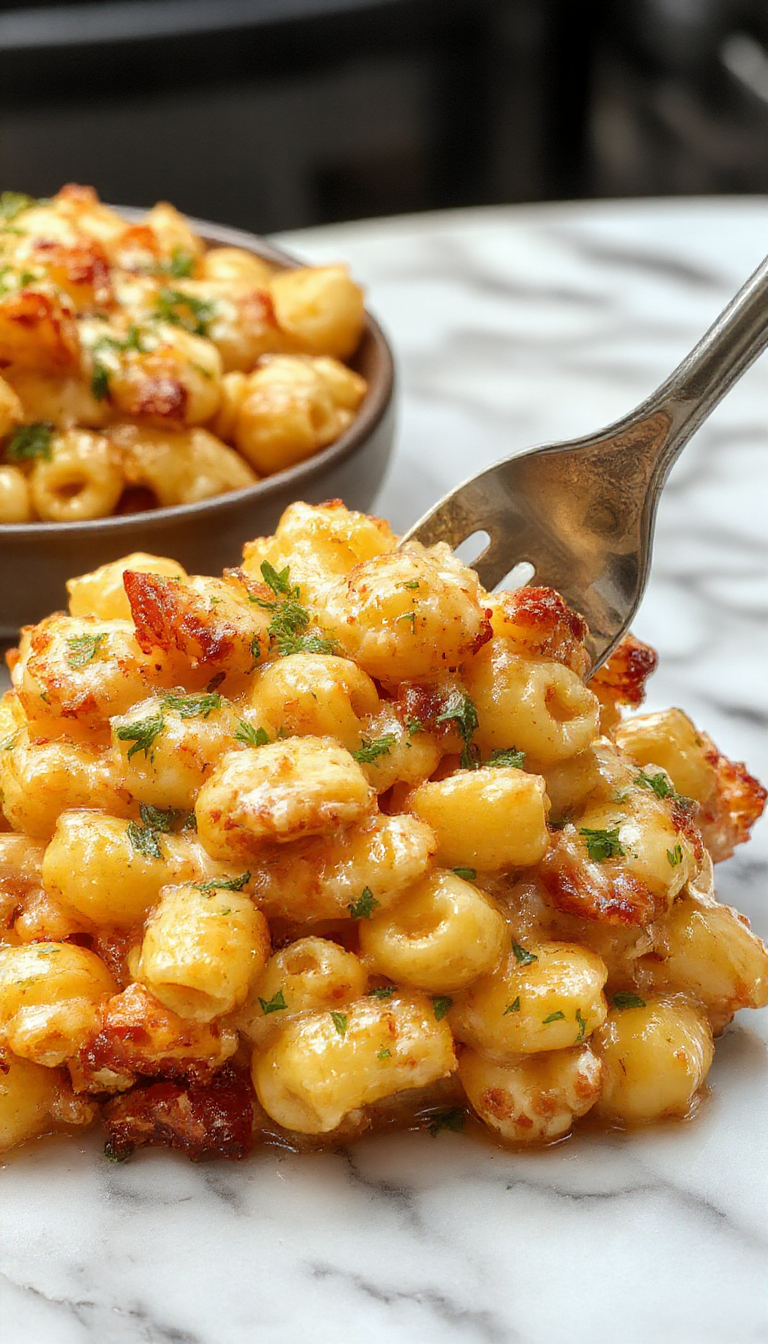 A creamy bowl of Smoky Tangy Chicken Mac and Cheese topped with crispy breadcrumbs and garnished with fresh herbs.