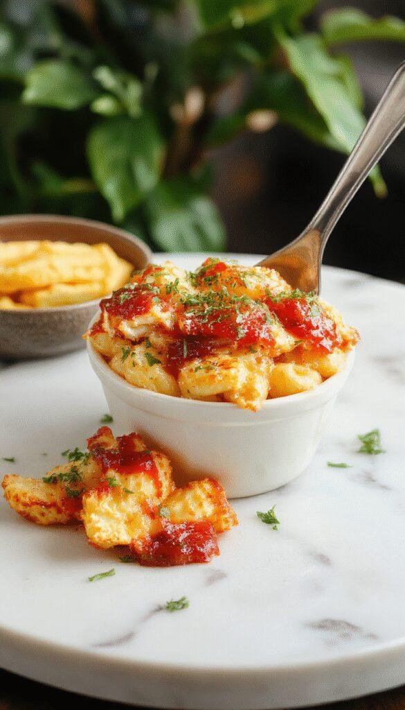 A bowl of smoky zesty BBQ chicken mac and cheese topped with fresh herbs and crispy bacon bits, showcasing a creamy and flavorful comfort dish.