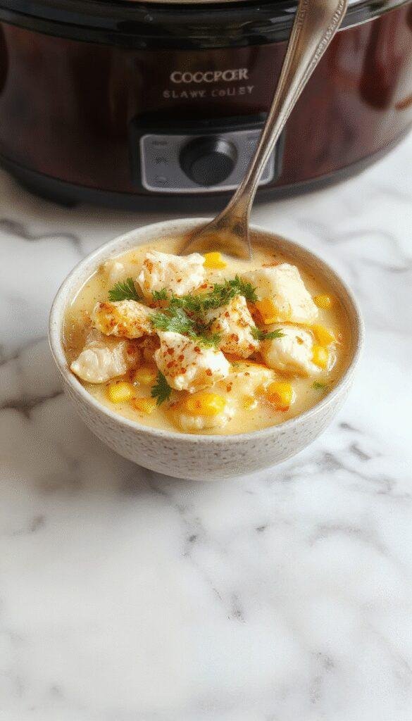 A steaming bowl of hearty chicken and corn chowder garnished with fresh herbs, served with crusty bread on a rustic table.