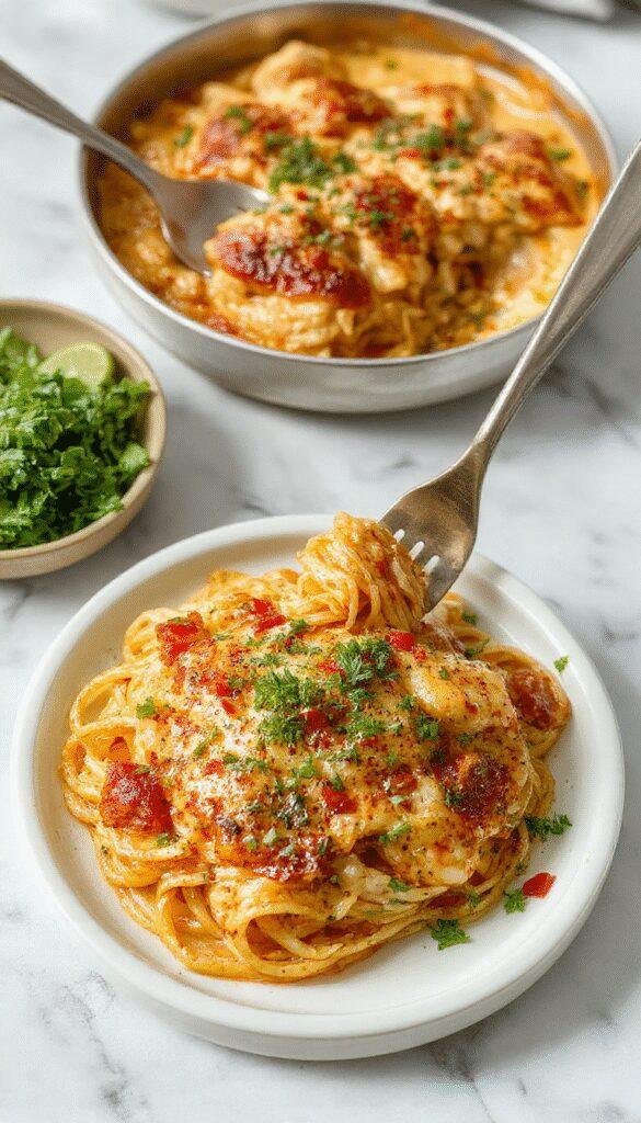 A comforting plate of Southern Charm Chicken Spaghetti topped with melted cheese and fresh herbs, served alongside a side salad.