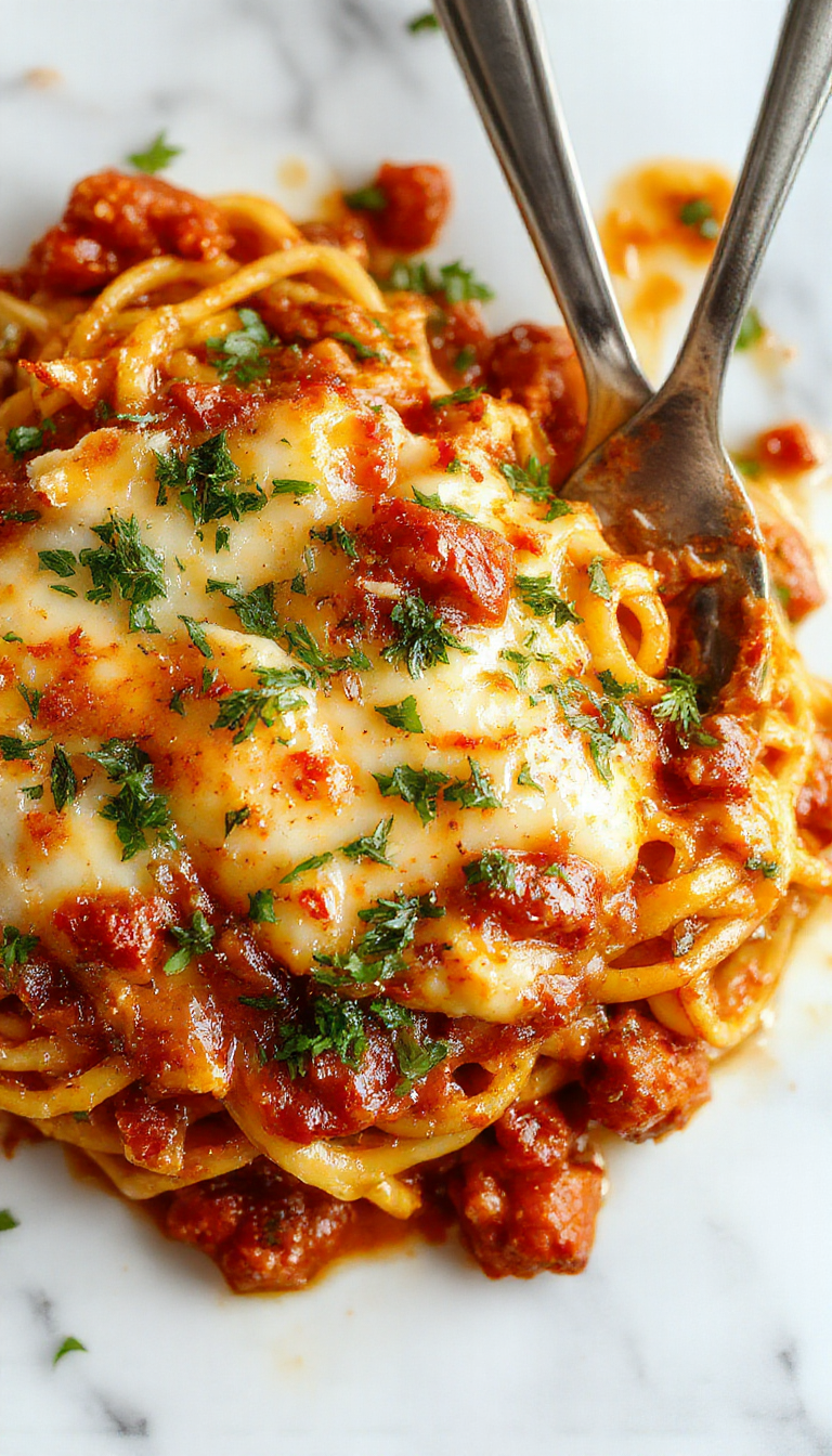 A delicious Southern Chicken Spaghetti Bake topped with melted cheese and garnished with fresh herbs, served in a rustic casserole dish.