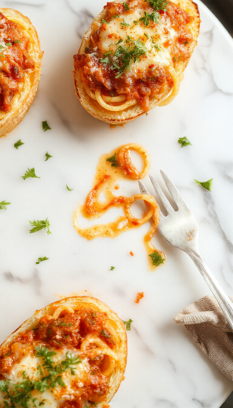 A close-up of Spaghetti & Garlic Bread Boats served on a rustic wooden table, showcasing crispy garlic bread boats filled with savory spaghetti topped with fresh herbs.