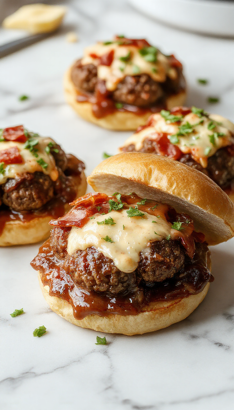 A plate of Speedy Bourbon BBQ Bacon Cheeseburger Meatballs garnished with crispy bacon and fresh herbs, served alongside a spicy barbecue sauce.