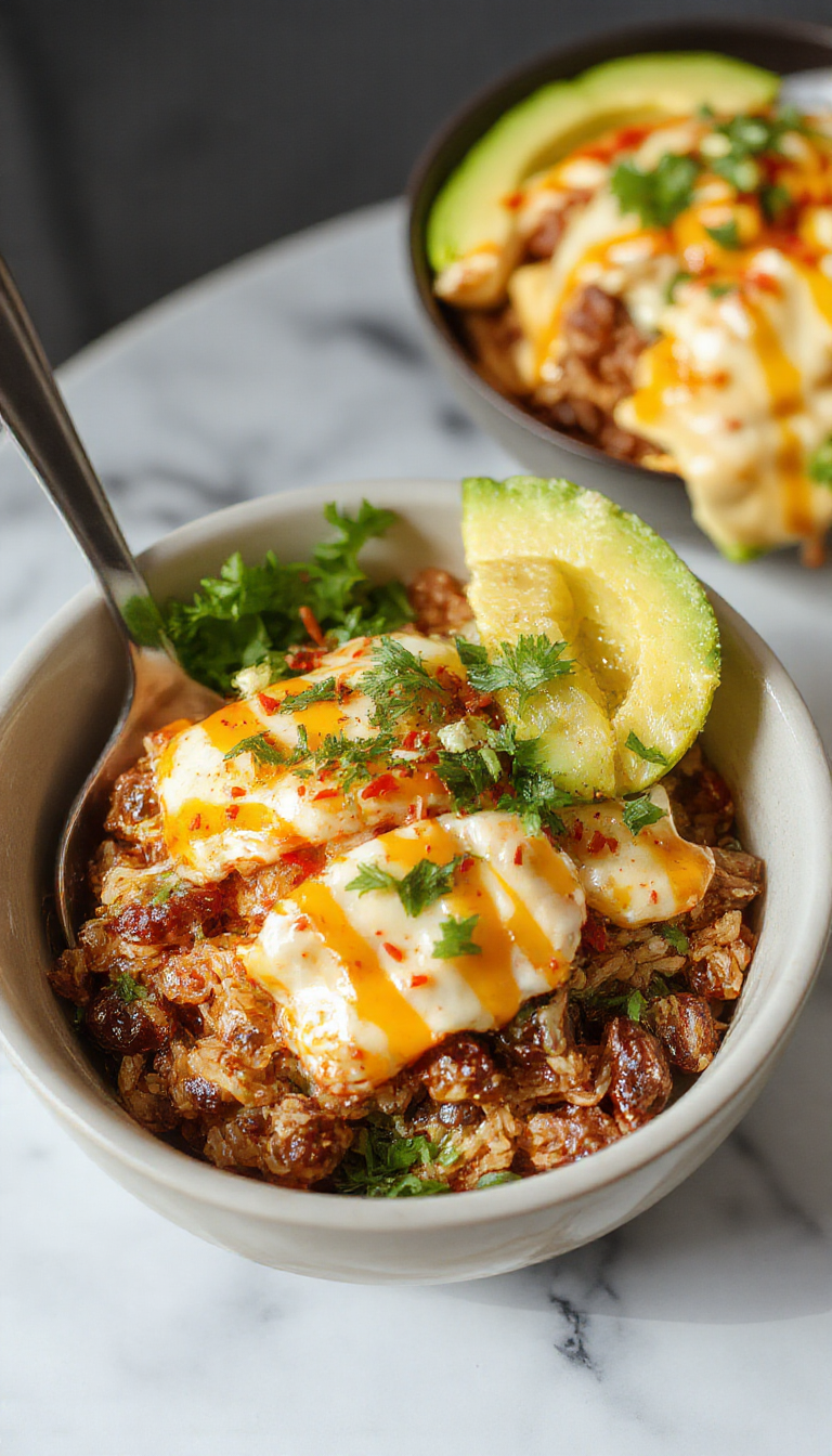 A vibrant bowl of taco rice topped with fresh vegetables, cheese, and cilantro, served with lime wedges on a wooden table.
