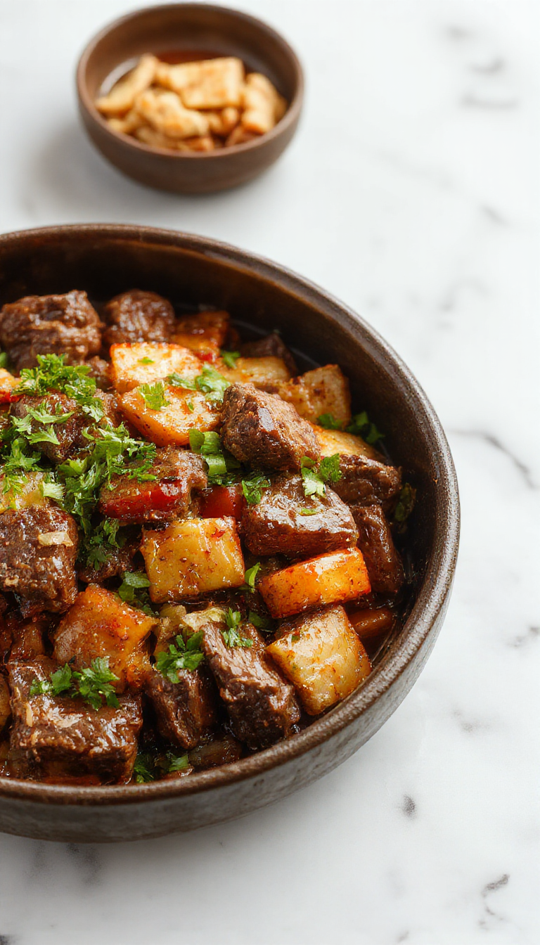 A sizzling skillet filled with flavorful stir-fried beef and colorful vegetables, ready for a quick and tasty weeknight dinner.