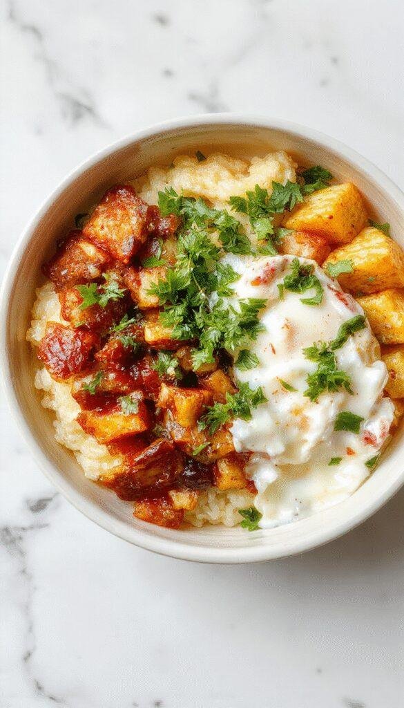 A colorful taco rice bowl topped with fresh vegetables, cheese, and avocado slices, served on a wooden plate.