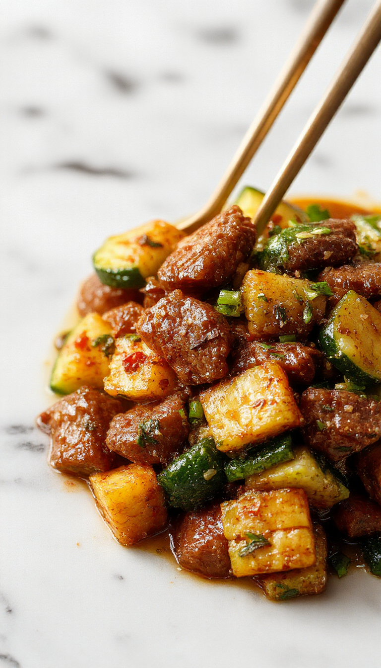 Colorful plate of Speedy Zucchini Beef Stir-Fry with tender beef slices, vibrant zucchini strips, and a glossy savory sauce garnished with sesame seeds and chopped green onions.
