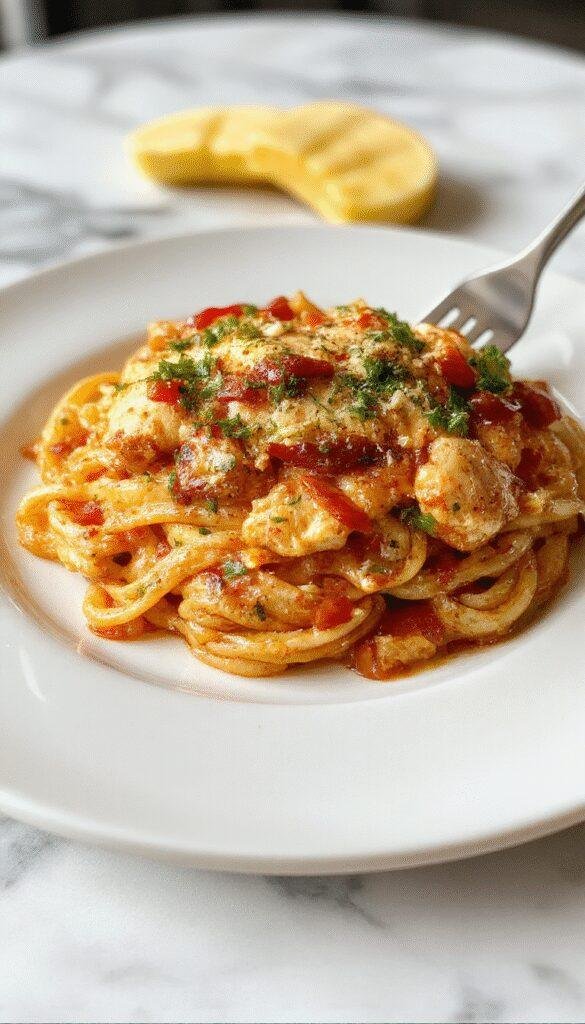 A plate of Spicy Southern Chicken Spaghetti topped with fresh herbs and red pepper flakes, served in a rustic bowl.
