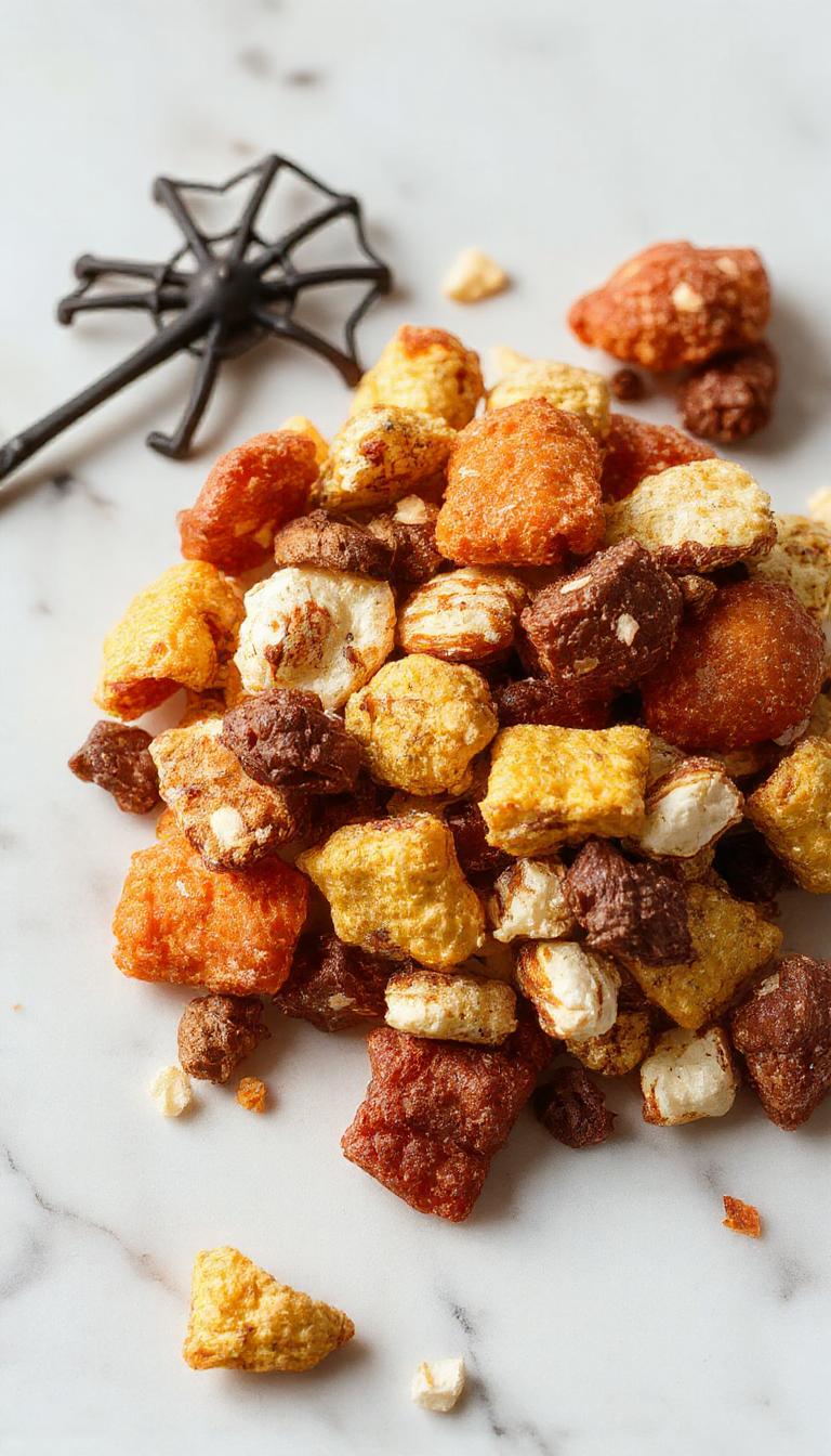 Colorful Halloween party mix with themed candies, popcorn, and spooky decorations, perfect for a festive celebration.