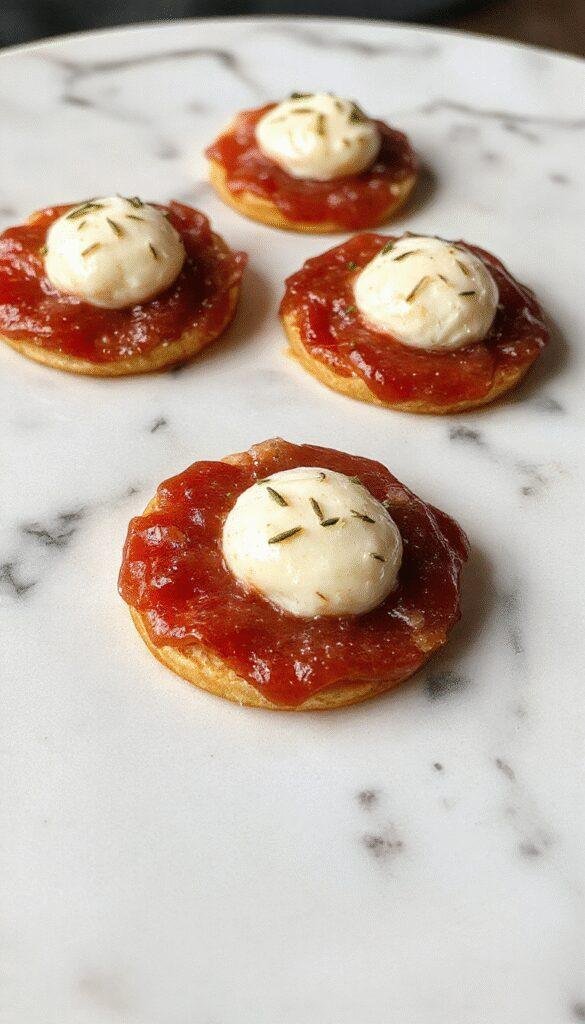 Spooky Salami and mozzarella eyeballs arranged on a plate with spooky Halloween decorations in the background.