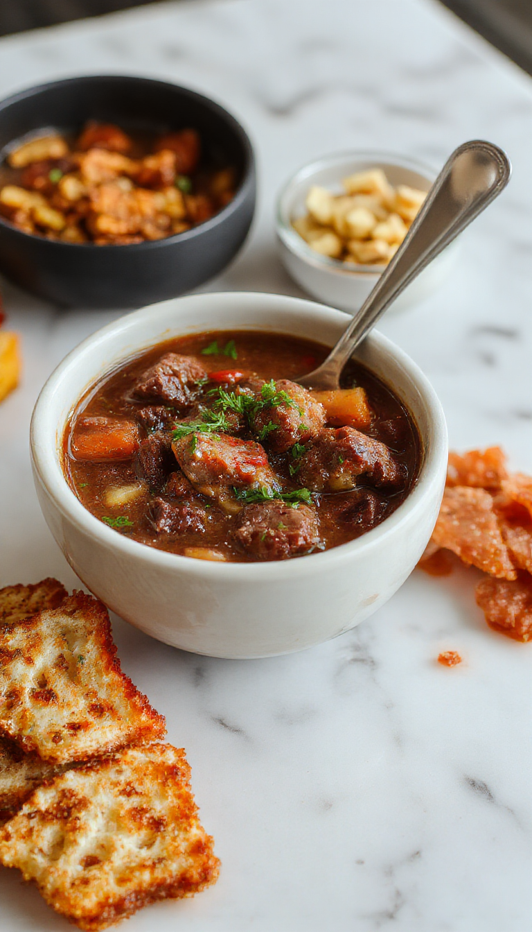 A steaming bowl of bubbling beef stew with vegetables, herbs, and a rich, thick broth, garnished with fresh parsley and surrounded by a spooky themed table setting.