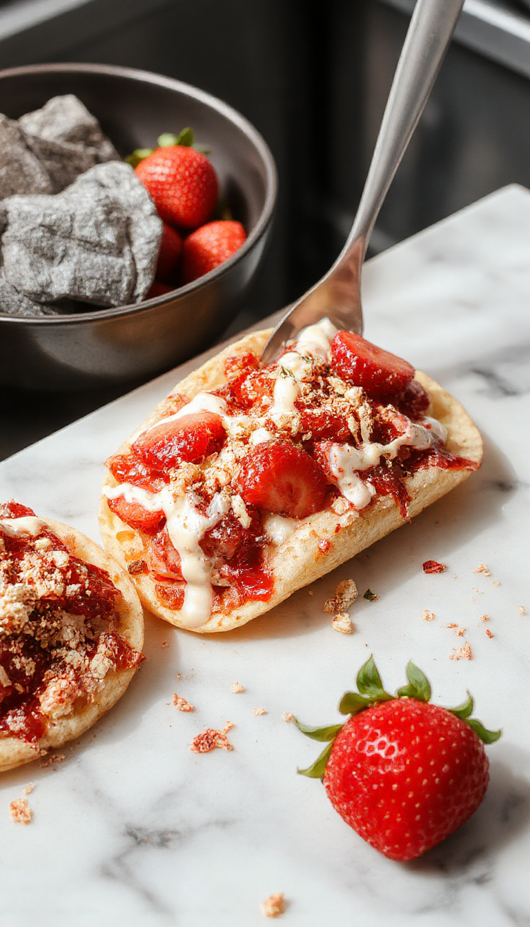 Delicious strawberry crunch cheesecake tacos with crispy shells, layered with fresh strawberries and creamy cheesecake filling.