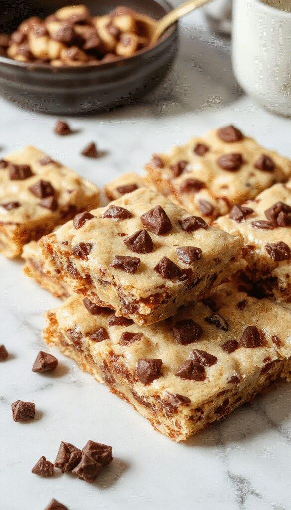 A close-up of homemade no-bake cookie dough bars showcasing their golden-brown topping and creamy interior, garnished with chocolate chips.