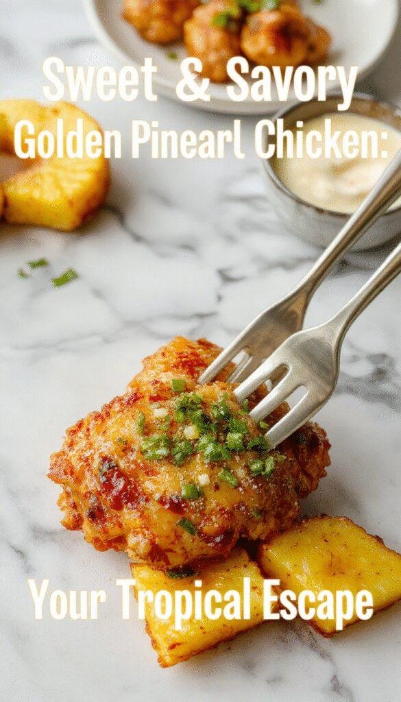 A vibrant plate of Sweet & Savory Golden Pineapple Chicken garnished with fresh herbs, featuring tender chicken chunks and juicy pineapple pieces on a colorful platter.