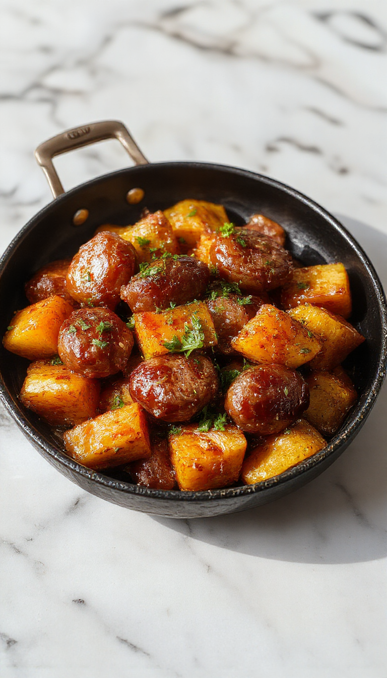 A colorful skillet featuring caramelized honey garlic sausages alongside tender roasted sweet potatoes, garnished with fresh herbs.
