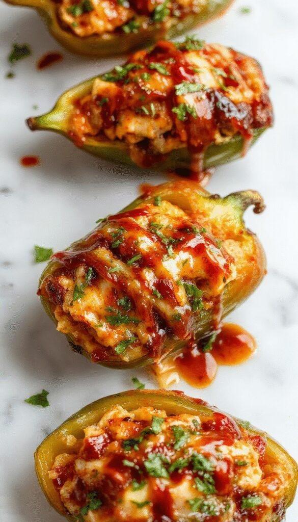 Colorful stuffed peppers filled with tropical teriyaki chicken and vegetables, garnished with fresh herbs on a white plate.