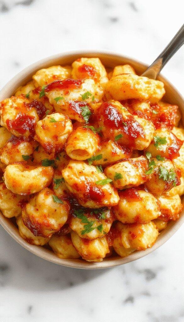 A plate of Sweet & Smoky Honey BBQ Chicken Mac & Cheese garnished with fresh herbs, showing creamy cheese sauce topped with barbecued chicken pieces and a smoky glaze.