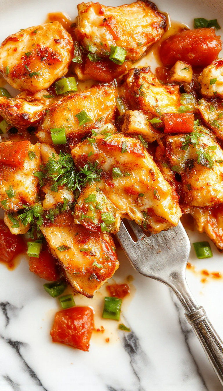 A colorful skillet dish featuring slices of juicy turkey, vibrant red and green peppers, and melted cheese atop a sizzling skillet.