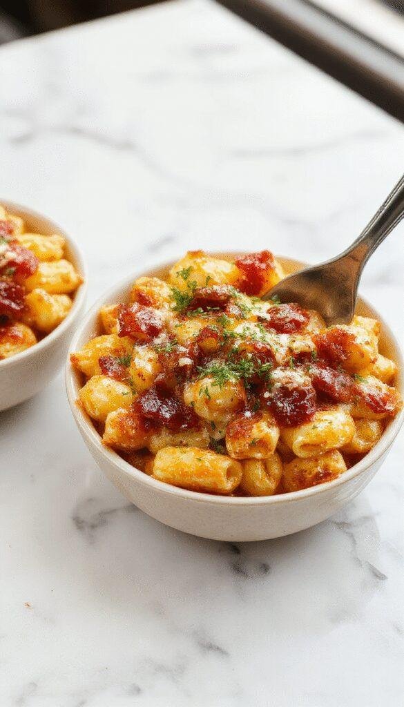 A comforting bowl of Ultimate BBQ Mac & Cheese topped with crispy bacon and melted cheese, served with a side of BBQ chicken.