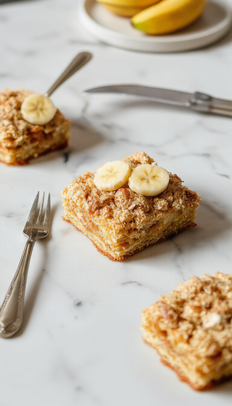 A slice of The Ultimate Banana Crumb Cake showcasing moist banana layers topped with golden crumble and a creamy glaze.