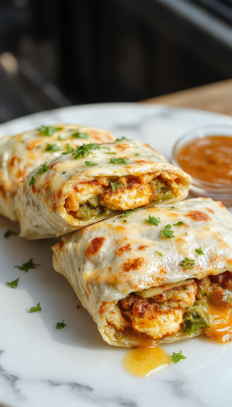 A close-up of cheesy garlic chicken wraps, garnished with fresh herbs, sliced diagonally to reveal melted cheese, tender chicken, and crisp vegetables inside.
