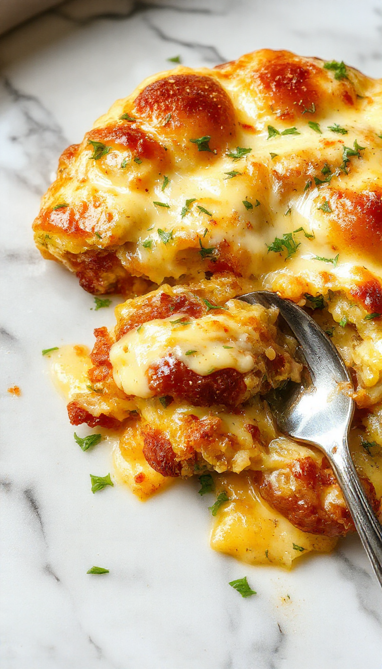 A hearty baked dish featuring sliced smoked sausages topped with melted cheese and ranch seasoning, served with fresh herbs garnishing the casserole.