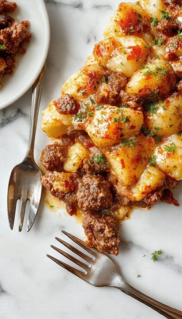 A hearty beef and potato bake served in a rustic casserole dish, topped with melted cheese and fresh herbs, steaming and inviting.