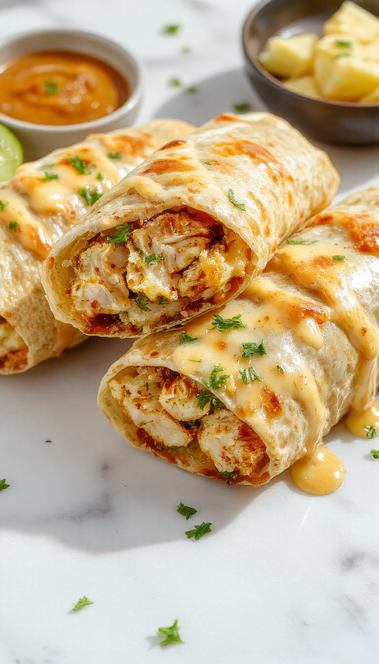 Delicious cheesy garlic chicken wraps with melted cheese, fresh garlic, and crispy golden tortilla slices, garnished with herbs.