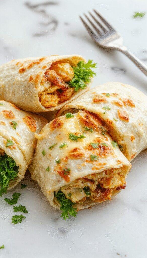 Close-up of cheesy garlic chicken wraps filled with tender chicken, melted cheese, and fresh greens, drizzled with garlic sauce