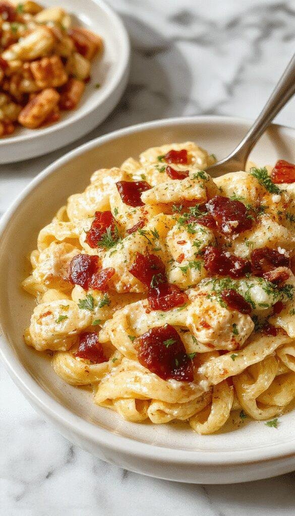 A creamy chicken bacon ranch pasta served in a white bowl, topped with fresh parsley and crispy bacon bits, showcasing a rich, flavorful dish.