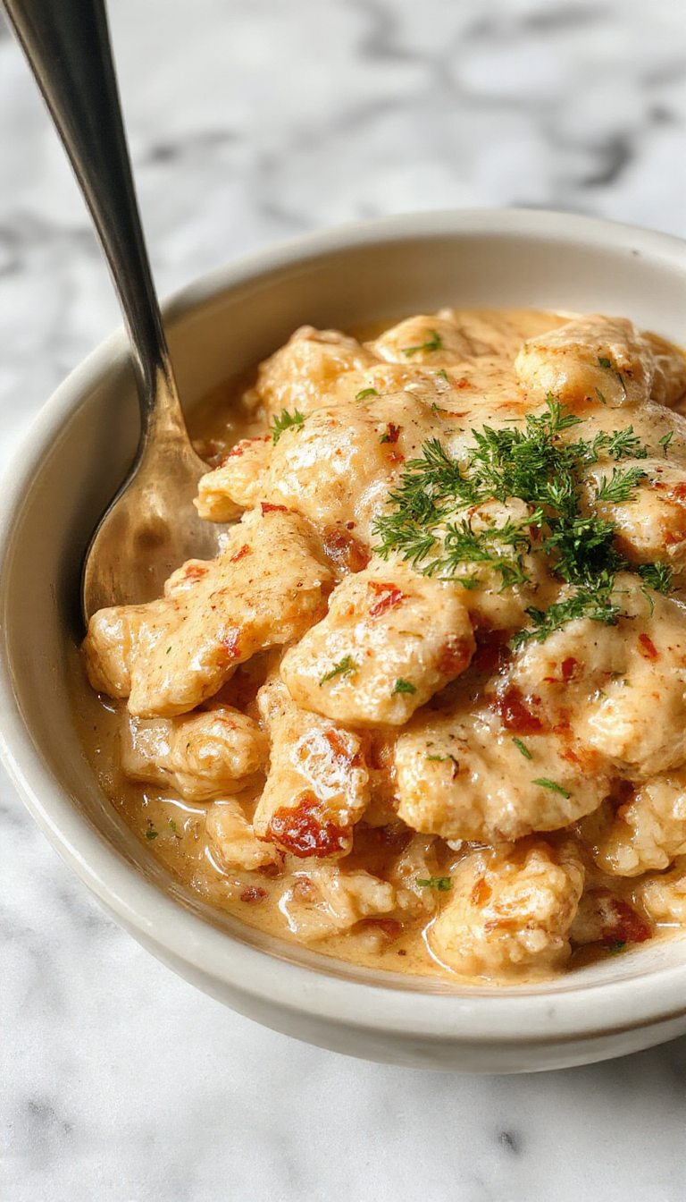 A steaming bowl of creamy chicken and rice garnished with herbs, showcasing a rich and comforting dish with tender chicken pieces and fluffy rice.