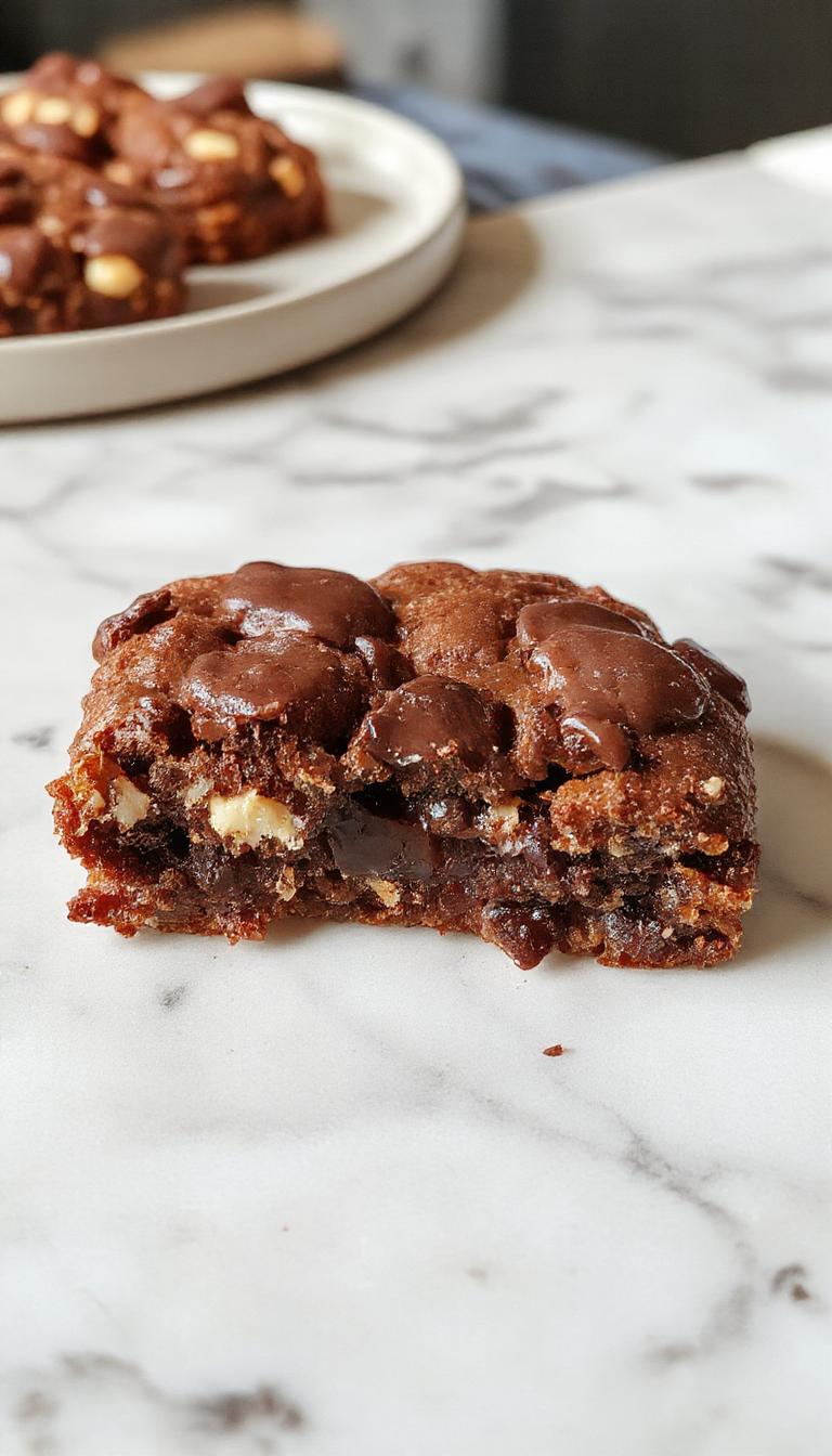 A stunning close-up of a layered brookie with a fudgy, chewy brownie base topped with a gooey cookie crust, garnished with chocolate chips and a drizzle of caramel.