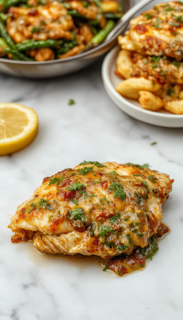 A plated dish of Florentine chicken featuring tender chicken breasts topped with spinach, melted cheese, and a flavorful sauce, garnished with herbs.