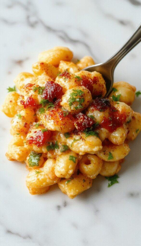 A creamy bowl of smoky tangy chicken mac and cheese topped with shredded cheese and fresh herbs, served in a rustic white dish.