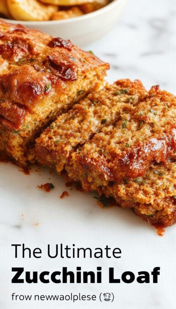 A slice of golden zucchini loaf on a rustic plate, garnished with fresh herbs and a fork beside it, showcasing its moist crumb and vibrant zucchini slices.