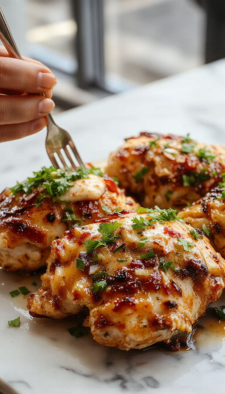 Colorful tropical sheet pan chicken with vibrant vegetables, garnished with fresh herbs on a rustic baking tray.