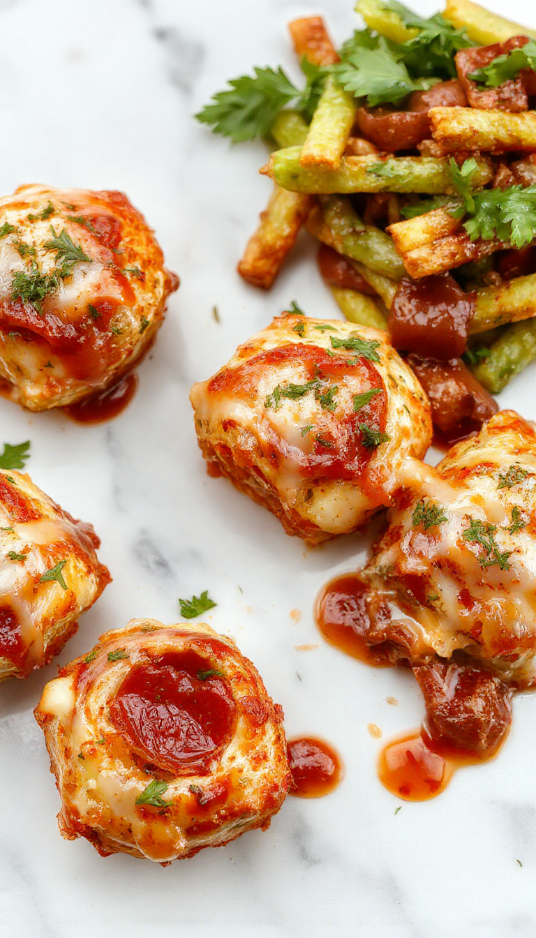Close-up of golden pepperoni pizza rolls filled with melted cheese and crispy crust, arranged on a platter with herbs garnished around.