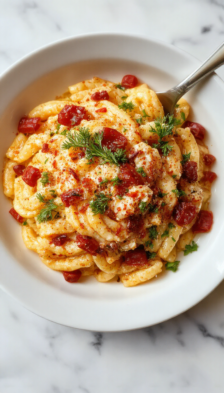 A vibrant bowl of tender orzo pasta mixed with fresh herbs, cherry tomatoes, and grated cheese on a rustic wooden table.