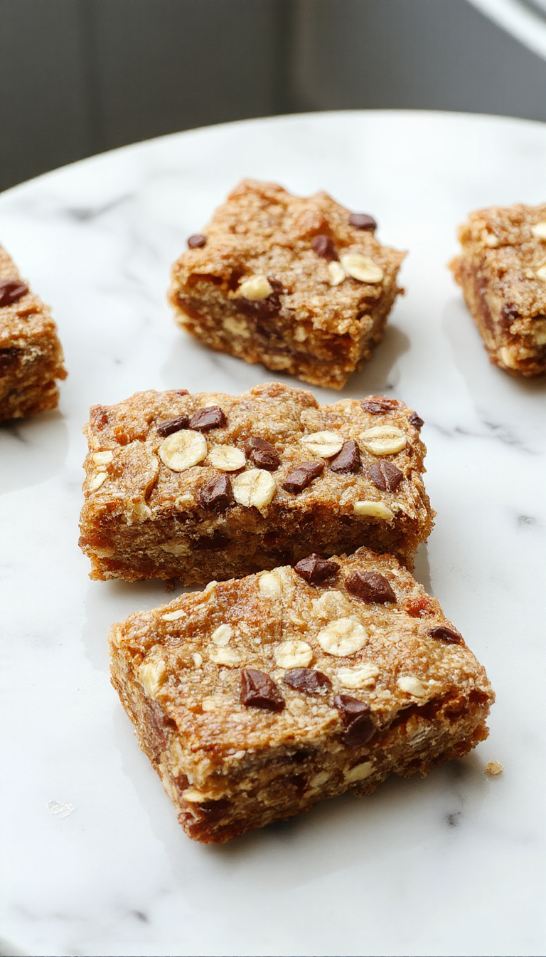 Golden banana oat bars arranged on a rustic wooden table, showcasing their chewy texture and golden hue with banana slices on top.