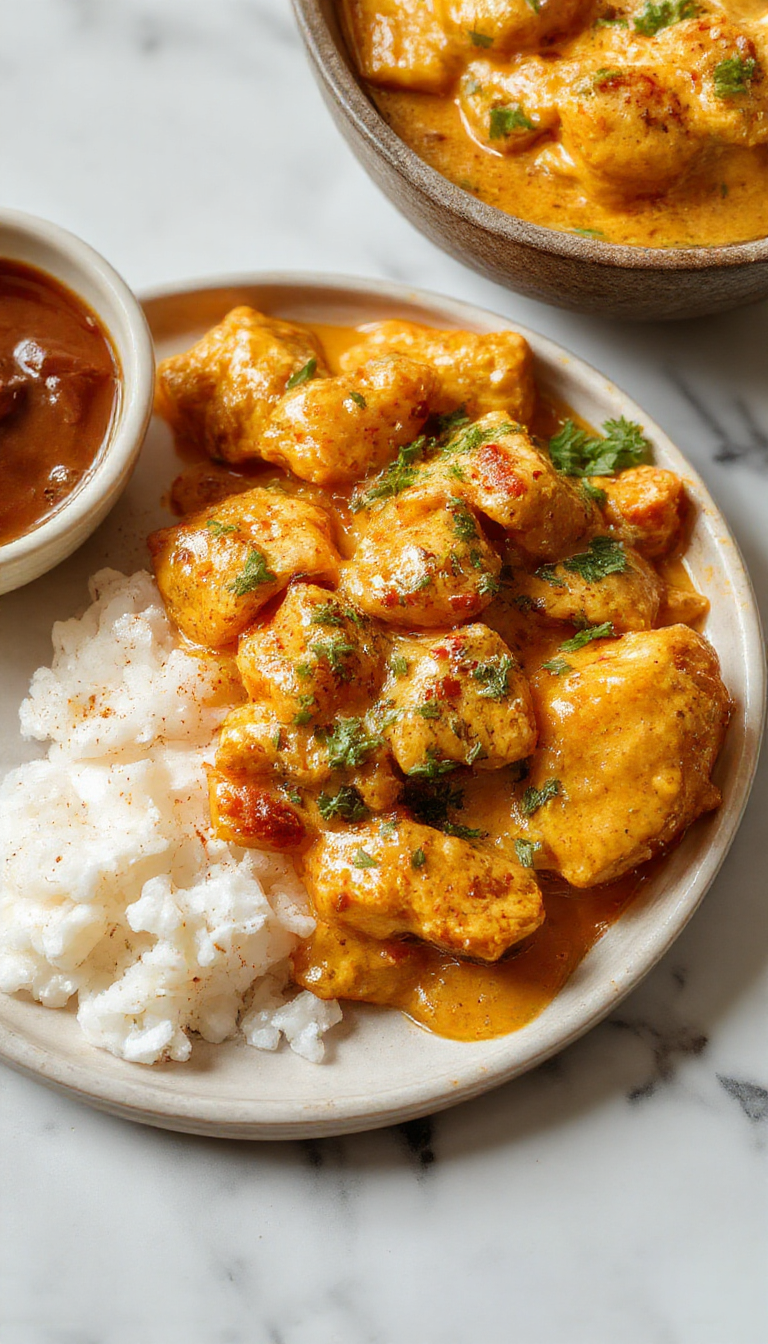 A plate of homemade butter chicken garnished with fresh cilantro, served with steamed rice and naan bread on a vibrant table.